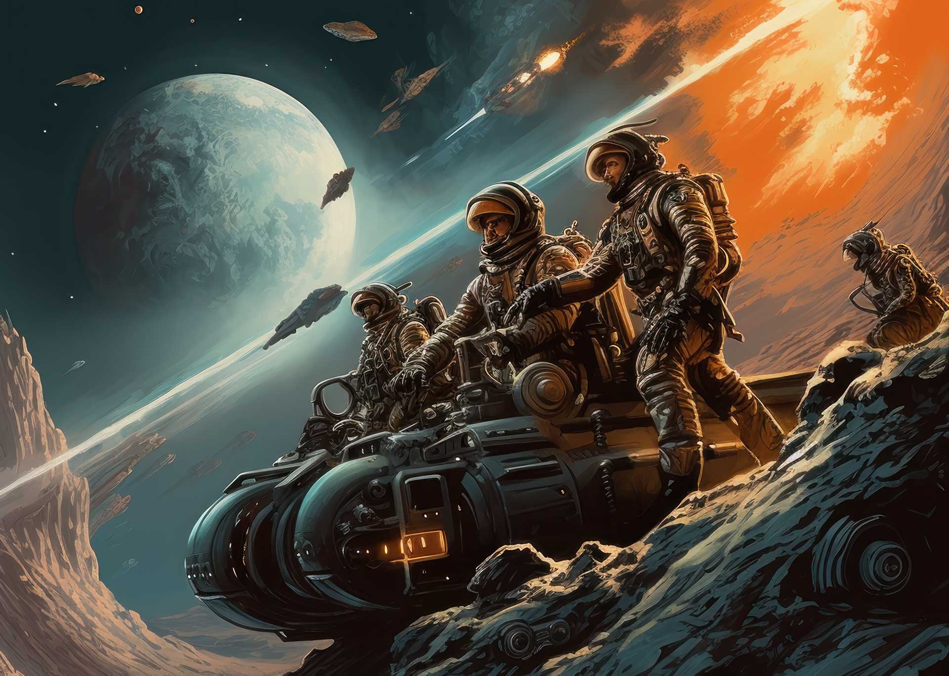 Space Rangers travel the surface of a desolate planet in a futuristic exploratory vehicle